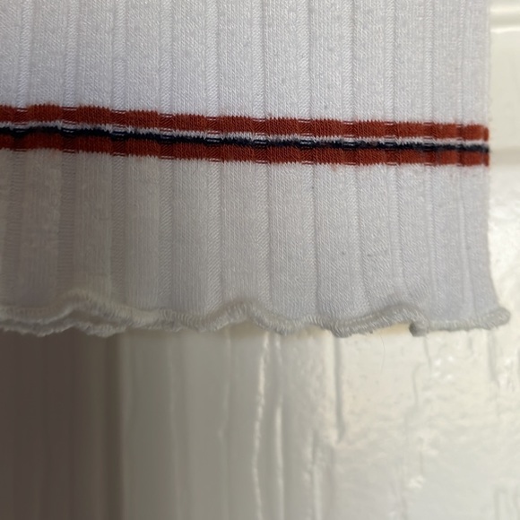 American Eagle Women Brown/Navy Horizontal Stripe Ribbed Lettuce Hem Crop Top - Picture 5 of 7